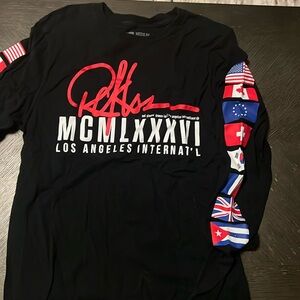 Black Long Sleeve Los Angeles Shirt w/ featured flags of the world on sleeves